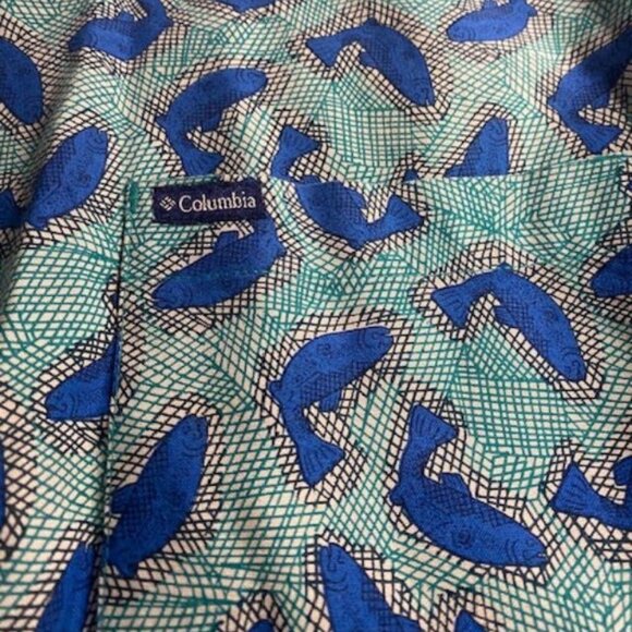 Vintage Columbia Fishing Button Down Shirt Print Fish Turquoise Blue, Large - Picture 2 of 5